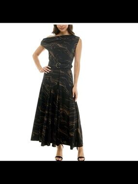 NWT Taylor women’s belted off the shoulder A line dress bronze black size 16